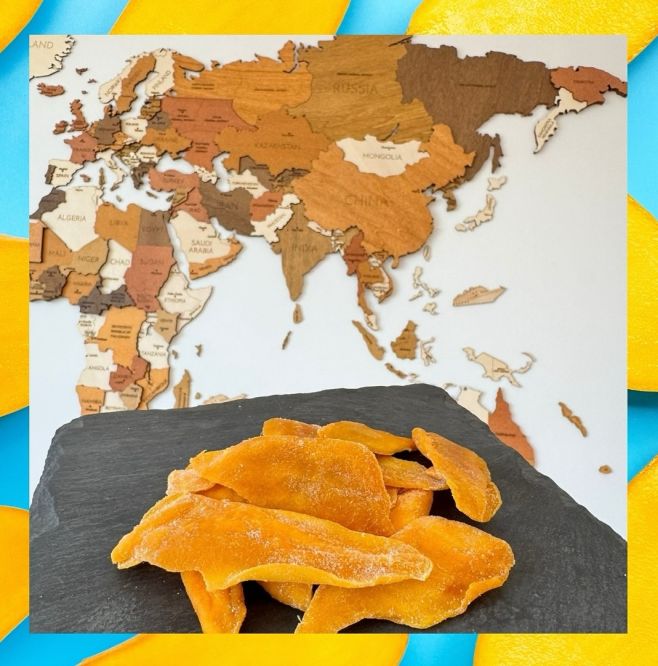 Skvělá chuť, která nezná hranic. 🥭 Mapa světa symbolizuje propojení kultur a chutí, které toto mango přináší až k vám na...